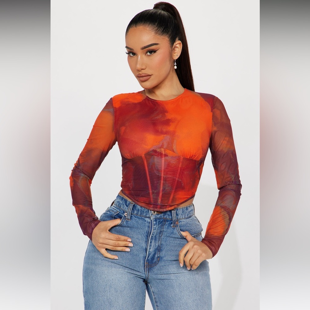 Fashion Nova My Moment Mesh Corset Top - Orange/Combo